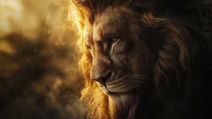 Obraz premium The lion of Judah with a flowing mane subtly morphs into the face of Jesus Christ, representing divine power and compassion. A mystical aura surrounds the scene.