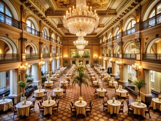 High Society Rendezvous: Exclusive Empress Hotel for social gatherings, chandeliers, plush fabrics, champagne hues