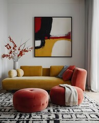 Interior desgin of modern living room interior with mock up poster frame, colorful decorations and accessories, plants, sofa, coffee table. Blue wall. Home decor. Template
