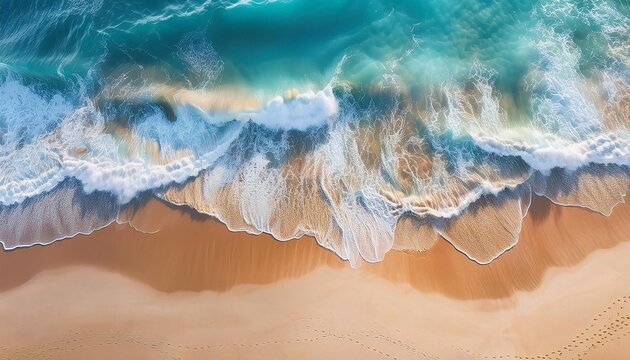 Aerial View of Beach with Waves and Sand. A turtle on the beach with waves crashing in the background, capturing the power of the sea and the vibrant colors of the ocean and coastline.