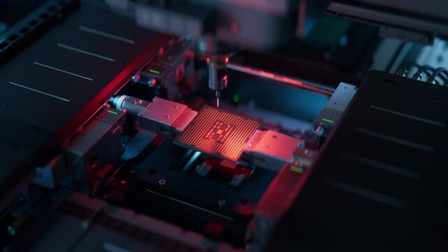 High Precision Measurement of Computer Chip on Conveyor Line during Production and Packaging Process on Semiconductor Fab. Advanced Microchip on Electronics Factory. Scene illuminated with Red Light