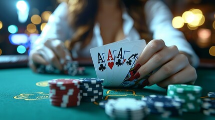 Female hand holding four aces during a poker game in a casino