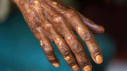 Fototapeta premium Close-up of an elderly hand showcasing unique textures and skin blemishes, representing age and wisdom.