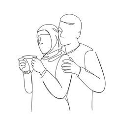 One continuous single drawing line art flat doodle Muslim family took pregnancy test, joy, expectation, surprise, baby. Isolated image hand draw contour on a white background
