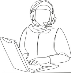 One continuous single drawing line art flat doodle Muslim businesswoman dispatcher communicates with clients via headphones. Isolated image hand draw contour on a white background
