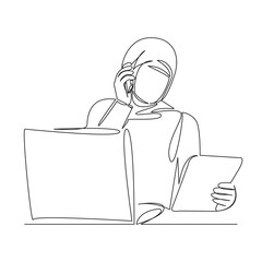 One continuous single drawing line art flat doodle Muslim businesswoman working on laptop and talking on phone. Isolated image hand draw contour on a white background
