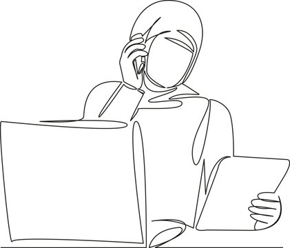 recommend clip art: One continuous single drawing line art flat doodle Muslim businesswoman working on laptop and talking on phone. Isolated image hand draw contour on a white background
                    