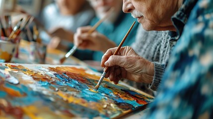 A group of senior citizens engaged in artistic activities, activities for seniors concept. men and women enjoy painting with a brush, sitting around the table. copy space for text.