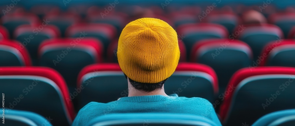 Wall mural a person wearing a yellow beanie sits alone in a theater, surrounded by colorful empty seats, creati