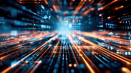 Dynamic abstract representation of technology with glowing lines, illustrating speed, innovation, and digital transformation.