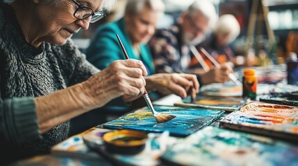 A group of senior citizens engaged in artistic activities, activities for seniors concept. men and women enjoy painting with a brush, sitting around the table. copy space for text.