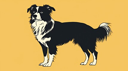 A stylized illustration of a dog standing against a yellow background.