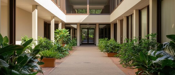 Fototapeta premium A serene indoor courtyard with lush greenery and modern architecture, perfect for relaxation and inspiration.