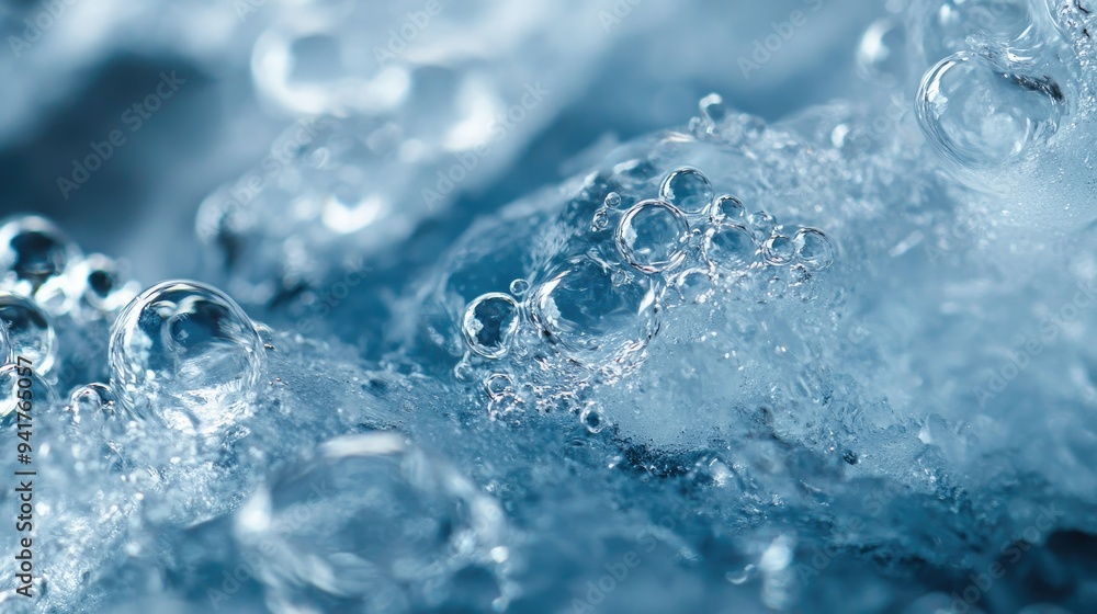 Poster a macro shot of a block of ice with embedded bubbles and cracks, capturing the frozen texture and na
