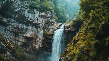 Fototapeta premium A beautiful waterfall cascading down a cliff in the French Pyrenees, with plenty of room for copy