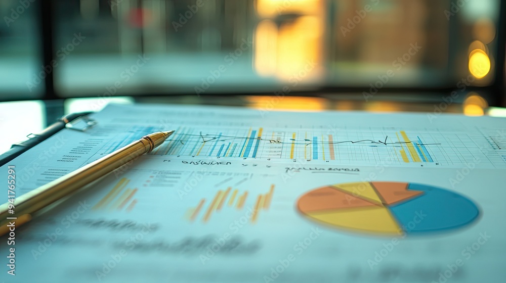 Poster a macro shot of a business graph with a pie chart and bar graph, overlaid with handwritten notes and