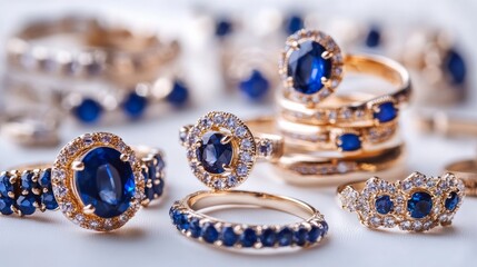 A collection of jewelry set on a white backdrop that includes sapphires, sapphire stones, sapphire earrings, and sapphire rings