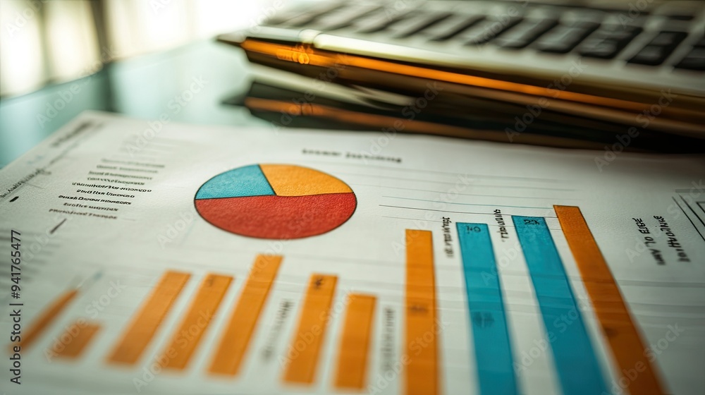 Poster a macro shot of a business graph with a pie chart and bar graph, overlaid with handwritten notes and
