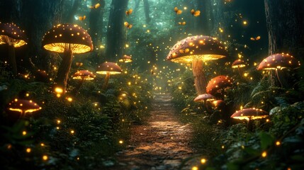 Naklejka premium Enchanted Forest Path with Glowing Mushrooms