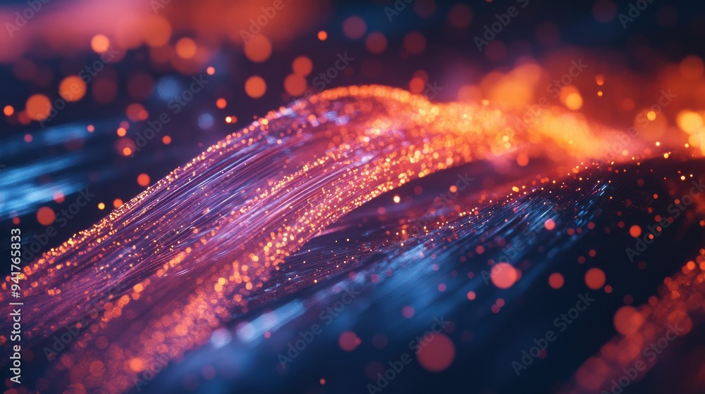 Poster a macro shot of a glowing fiber optic cable, capturing the vibrant colors and dynamic light patterns