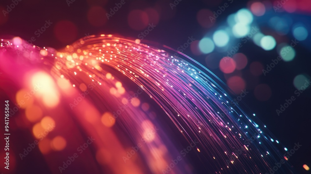 Poster a macro shot of a glowing fiber optic cable, capturing the vibrant colors and dynamic light patterns