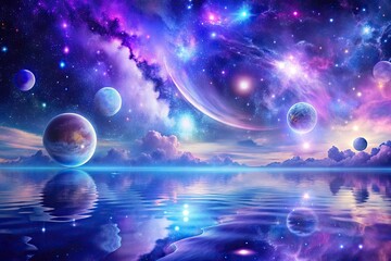 Hypnotic Cosmic Shimmer: Weightless movements with celestial elements, dreamy mood, shimmering effects, purples and blues