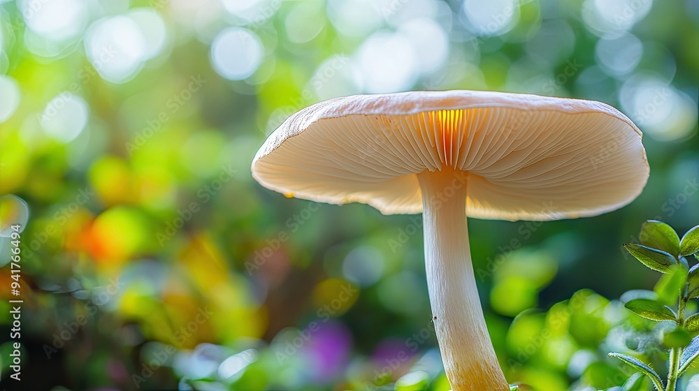 Poster a macro shot of a mushroom growing in a garden, focusing on its delicate cap and stem with a soft fo