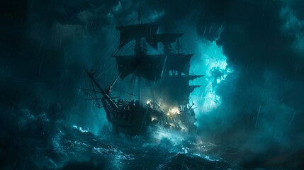 Spooky ghost ship sailing through a stormy night