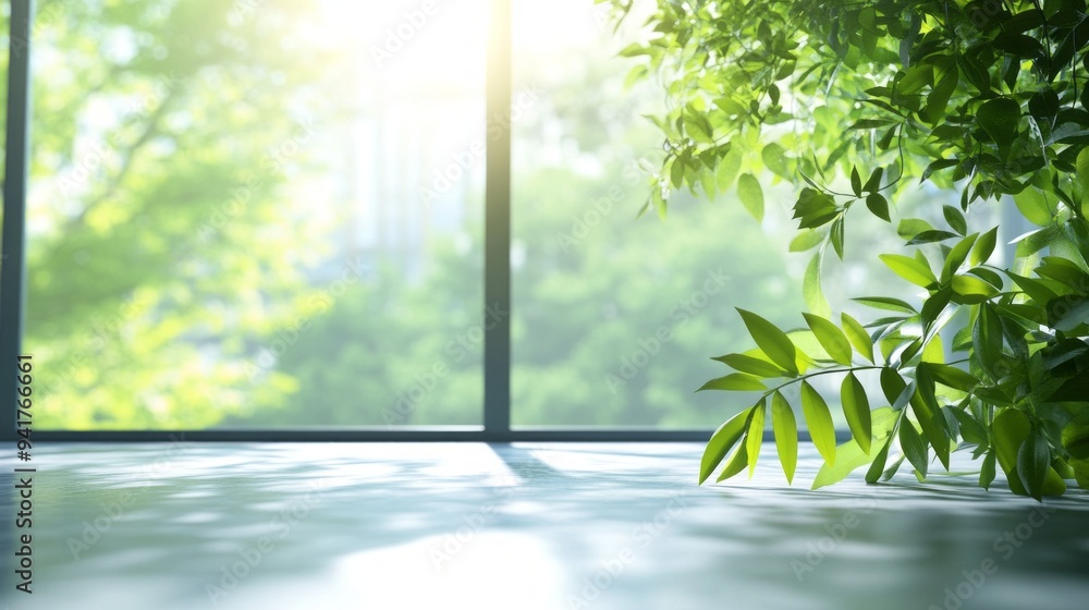 Poster A window with a tree outside and a leaf on the window sill