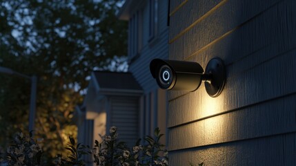Security camera attached to the corner of a house in the evening, casting a faint glow as it monitors the surrounding area in a 3D-rendered suburban environment.