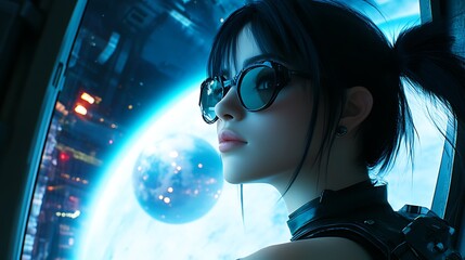 Cyberpunk Woman Gazing at Distant Planet