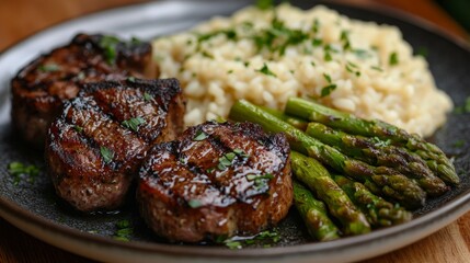 A plate of lamb chops and risotto with asparagus. The asparagus is tender and slightly charred
