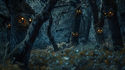 Dark and creepy forest with glowing eyes