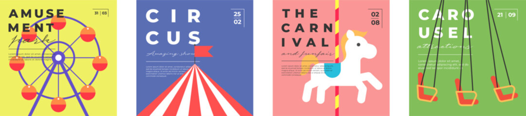 Amusement park festive minimal trendy square banner set. Ferris wheel and circus flyer. Carnival funfair carousel greeting card creative design. Fun fair festival simple flat modern eps cover © Azat Valeev
