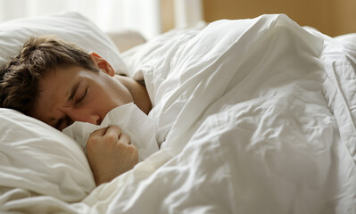 Young man in bed sick and sneezing into a tissue 