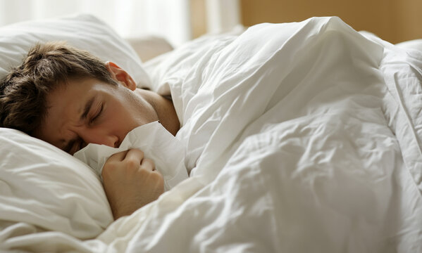 Young man in bed sick and sneezing into a tissue 