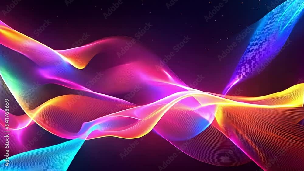 Poster dynamic light waves intertwine in a colorful display, showcasing bright hues and flowing motion agai