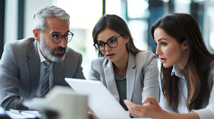 A couple of bussinessmen and bussines woman discussing an important topic