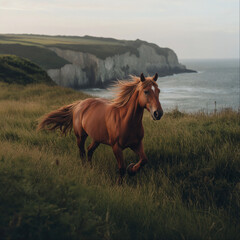 Horse Running on the Grass Field