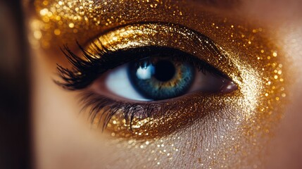 A macro shot of a woman's eye with a glittering gold eyeshadow and precise black eyeliner, capturing the intricate detail of her makeup.