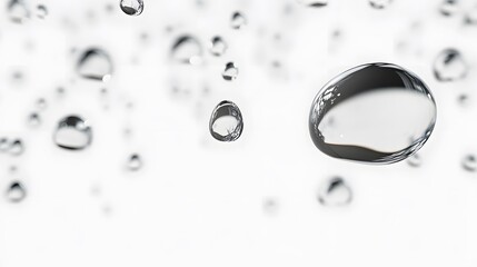 CG Floating Water Droplets: CG-rendered water droplets suspended in mid-air, perfectly round and transparent against a white background.
