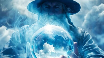 Elderly oracular wizard with long beard holding glowing crystal ball among mystical clouds and blue light. Concepts of magic, mysticism, wizardry, and supernatural abilities.