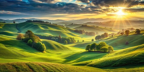Obraz premium Impressionist Landscape Idyll: Rolling hills, vibrant lawn, sunlight, painterly, serene