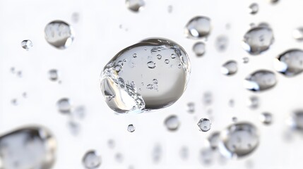 CG Floating Water Droplets: CG-rendered water droplets suspended in mid-air, perfectly round and transparent against a white background.
