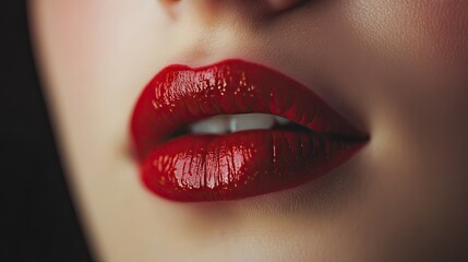 Obraz premium A macro shot of a woman's lips, with a smooth application of glossy red lipstick, capturing the vibrant color and shine.
