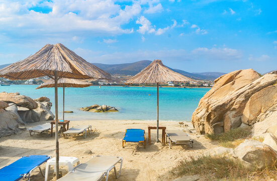 Romantic beach with rocks at greek island, Paros Greece at summer