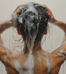 While in the shower, one typically cleanses their hair by forming a rich lather using shampoo. Foam and bubbles spread across the head and fingers, enhancing hygiene and relaxation