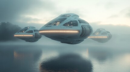 Fototapeta premium Three white spaceships flying over a foggy lake