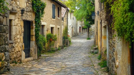 Obraz premium A charming cobblestone street in a quaint French village, with ample copy space for your text