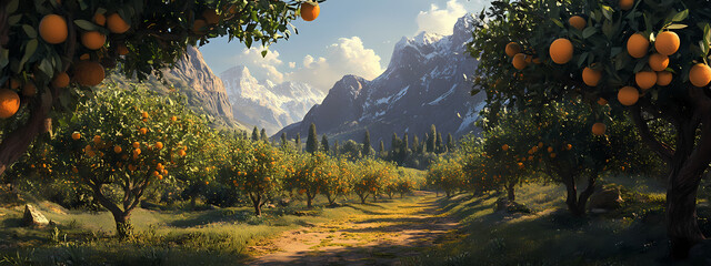 Orchard in the Shadow of Mountains